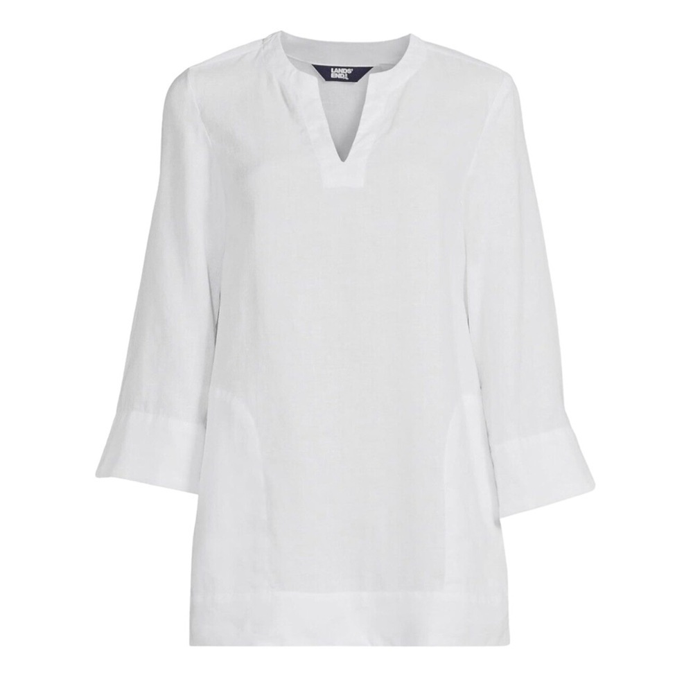 Lands End Split Neck White Tunic Top SZ Large Linen Blend Summer Wear NWT